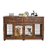 Garvee Large Dog Crate Furniture Double Dog Kennel with 2 Drawers Removable Divider Indoor Rustic Brown 58in