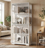 Garvee Glass Display Cabinet 4-Tier With Tempered Glass Doors, 3 Color Lights, Human Body Sensor, Charging Ports For Living Room Bedroom Home Office - White