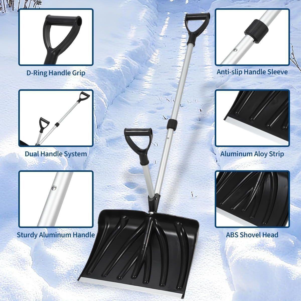 Garvee Ergonomic Dual D-Ring Snow Shovel – 18" Wide Blade with Aluminum Edge – Lightweight Snow Removal Tool for Driveway, Walkway, Car, Yard – Black Shovel with Silver Rod