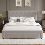 Garvee Full Size Bed Frame with 2 Storage Drawers, Vintage Velvet Headboard, Upholstered Platform, Wooden Slat Support, Beige, Bedroom Furniture - Beige