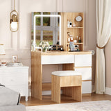 Garvee Makeup Vanity Desk with Lighted Mirror, 4 Drawers, Power Outlet, Storage Stool for Bedroom, Natural