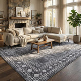Garvee Living Room Area Rug 8x10 Vintage Border Indoor Carpet Grey Low Pile Stain Resistant Non Slip - Border 2 - Grey