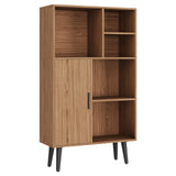 Garvee 4-Tier Bookshelf Walnut Finish Mid-Century Design Sturdy Wood Compact Storage with Door and Legs for Living Room Office