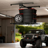 Garvee Garage Ceiling Storage Rack 4x4ft, Overhead Lift Storage Rack with 350lb Capacity, Adjustable Crank System, Space-Saving Ceiling Organizer, Steel, Black - 