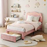 Garvee Kids Upholstered Bed Frame with Drawer, Velvet Princess Platform Twin Bed Frame with Smart LED & Adjustable Headboard, No Box Spring Needed, Easy Assembly, Noise-Free, Pink