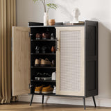 Garvee Rattan Shoe Cabinet 5-Tier Storage With Doors Adjustable Shelves Heavy Duty Metal Legs Farmhouse Entryway Black - Black+Natural