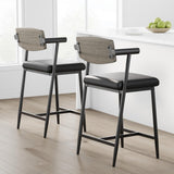 Garvee Bar Stool With Backrest, Padded Leather Seat, Sturdy Metal Frame, Wood-Look Backrest, Modern Kitchen Bar Chair, Gray, For Bar & Dining