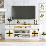 Garvee Farmhouse TV Stand for 75 in TVs with Drawers, Power Outlets, LED, Barn Doors, Adjustable Shelves for Home & Office, 66" White+Brown Top - White+Brown Top