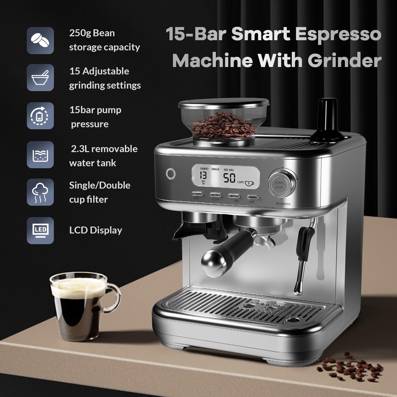 Garvee Automatic Espresso Machine Coffee Maker with Fast Heating, 15-Bar Pump, 1350W Motor for Home and Kitchen, Black