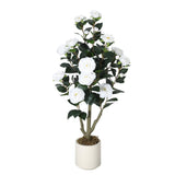 Garvee 3FT Artificial Camellia Tree with Red Flowers, Faux Plant for Indoor Outdoor Decor, White - White