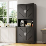 Garvee 70" Kitchen Pantry Cabinet Black, Farmhouse Tall Storage with Barn Doors, Adjustable Shelves for Kitchen Dining Living Room Garage - Black-With Countertop