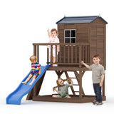 Garvee Outdoor Wooden Playhouse with Slide, 2 Story Cedar Kids Playhouse with Sandbox, Elevated Backyard Playhouse with Ladder, 47.2x59.1x89.4 inches, Natural Wood