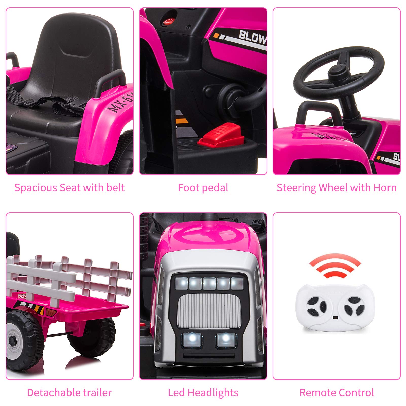 Garvee Ride - P Series: 12V Electric Tractor & Trailer for Kids, 3-6 Yrs - With RC - Rose / 25W