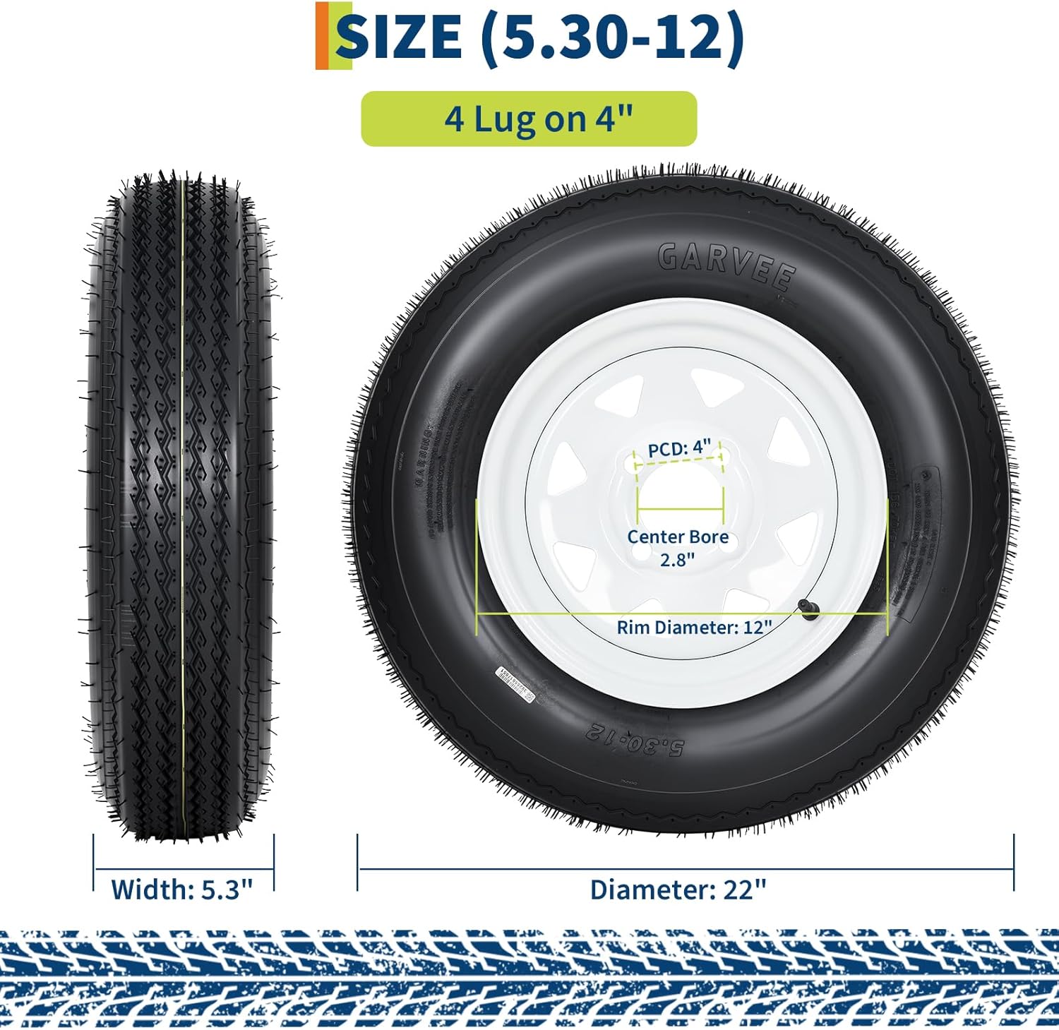 Garvee 5.30-12 Trailer Tires, 2 Pack, Load Range C 6PLY, 12"x4" Rims 4 Lug on 4", Max Load 1050 LBS @ 80 PSI, DOT Approved Durable Design for Utility & Boat Trailers