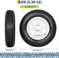 Garvee 5.30-12 Trailer Tires, 2 Pack, Load Range C 6PLY, 12"x4" Rims 4 Lug on 4", Max Load 1050 LBS @ 80 PSI, DOT Approved Durable Design for Utility & Boat Trailers