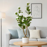 Garvee 3FT Artificial Camellia Tree with White Flowers for Indoor Porch Decor, 35" Tall, Green - White