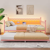 Garvee Twin Daybed with Trundle, Charging Station, LED Lights, Metal Frame for Living Room, Bedroom, Guest Room, Twin Size, Black - Pink