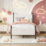 Garvee Twin Size Corduroy Upholstered Bed Frame With Vertical Stripes Headboard, Vintage Metal Legs, White, Easy Assembly - Twin White