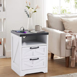 Garvee Farmhouse Nightstand White with Charging Station, 2-Drawer USB Bed Side Table, Industrial Style, Sturdy Engineered Wood