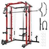 Garvee Power Cage Smith Machine Squat Rack Heavy Duty Power Rack for Home Gym with Pulley System Dip Bar LAT Pulldown Multifunctional Squat Rack Compact Size Black - Red