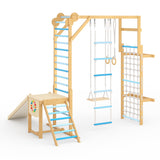 Garvee 8-In-1 Indoor Jungle Gym Set with Slide Swing Monkey Bar Wooden Climbing Structure for Kids Ages 3-10, Compact Size, Natural Wood Color - Blue