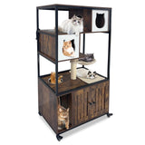 Garvee Cat Litter Box Enclosure with Condo, Hammock, Scratching Mat and Post, Indoor Cat House with Storage Shelves and Wheels, Wooden Retro Washroom