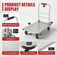 Garvee Heavy-Duty Flatbed Platform Truck Cart - 2000 lb Capacity, 36 x 24 in Steel Deck, Collapsible Handle, 6 in Swivel Polyurethane Casters w/ Brakes - Shop/Warehouse - Silver + Orange Wheels