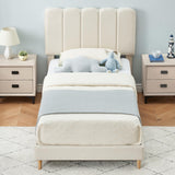 Garvee Twin Size Upholstered Platform Bed Frame + Velvet + Headboard + Strong Wooden Slats + Noise-Free + Easy Assembly + Beige + Girls' Bedroom - Off White