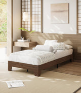 Garvee Twin Size Platform Wood Bed Frame, Farmhouse Style, Noise-Free Slats, Natural Wood Finish, Easy Assembly - Walnut