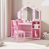 Garvee Kids Vanity Table, Girls Vanity with Touch Light Detachable Tri-Folding Mirror, Open Storage Shelves, Wood Makeup Playset with Chair, Princess Vanity Table for Toddlers - Pink - Pink
