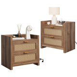 Garvee Rattan Night Stand Set of 2 with Charger Station, 2 Drawers, Modern Larger Nightstand for Bedroom Living Room Hallway, White Oak