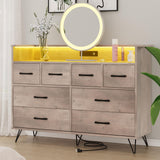 Garvee Tall Dresser with Charging Station & RGB Lights, 8 Drawer Wooden Dresser for Bedroom Closet Organization, Antique Oak, Music Sync App-Controlled LED