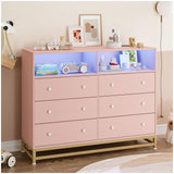 Garvee Wide Dresser for Bedroom with Charging Station, 6 Drawer, LED Lights, Large Capacity Storage, Wood, Modern Design, Pink, Suitable for Bedroom and Closet - Pink