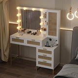 Garvee Rattan Makeup Vanity Desk With Lighted Mirror Power Outlets Large Storage Modern Wood Dressing Table White
