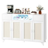 Garvee Rattan Sideboard Buffet Cabinet with Storage 47 Inch Wooden Accent for Living Room Dining Room, 4 Doors 2 Drawers LED Lights Power Outlet - White