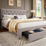 Garvee King Size Bed Frame With 2 Storage Drawers Vintage Velvet Headboard Upholstered Platform Beige