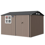 Garvee 8x10 ft Outdoor Storage Shed Metal Garden Tool Shed Lockable Doors Windows Backyard Brown