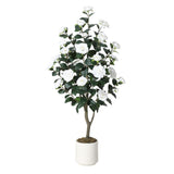 Garvee 4FT Artificial Camellia Tree with Red Flowers, Faux Plant for Indoor Outdoor Decor, White - White