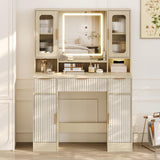 Garvee Vanity Desk with Mirror and Light, Modern Makeup Dressing Table for Bedroom, Natural Color, Adjustable 3 Colors Light, Multiple Storage Cabinets and Drawers - Natural