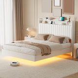 Garvee Queen Floating Bed Frame with RGB Lights, Upholstered Platform Bed, Smart Storage Headboard, USB Charging, App & Voice Controlled LED System, Queen Size, Multi-Color - White
