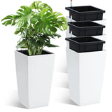 Garvee 16" Tall Planters Set of 4 Black Outdoor Indoor Planter Pots with Drainage Holes Water Level Monitor Inner Bucket White