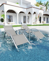 Garvee Patio Chaise Lounge Set of 3, Outdoor Reclining Pool Chairs with Backrest, Taupe, Waterproof Cushions, Side Tables & Cup Holders - Light Taupe