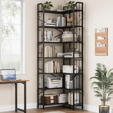Garvee 86" L-Shaped Corner Bookshelf 7-Tier Industrial Bookcase for Living Room Bedroom Black Metal Frame - Black
