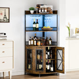 Garvee Corner Bar Cabinet with Charge Oult, 5-Tiers Wine Cabinet with LED Light and Glass Holder, Tall Home Liquor Cabinet for Living Room, Corner Display Cabinet for Home - Rustic Brown