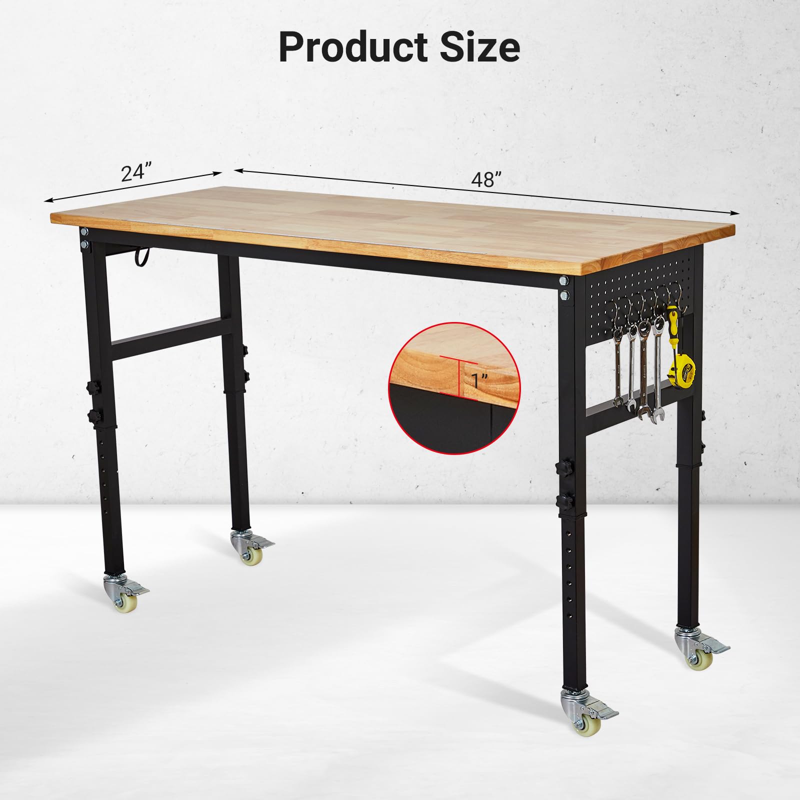 Garvee 48" Adjustable Workbench Heavy Duty Rubber Wood Work Table with Wheels & Pegboard for Garage Workshop 29-40" Height Adjustable Black