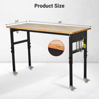 Garvee 48" Adjustable Workbench Heavy Duty Rubber Wood Work Table with Wheels & Pegboard for Garage Workshop 29-40" Height Adjustable Black