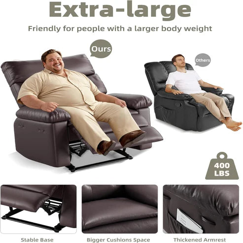 Fauteuil inclinable surdimensionné Garvee - Grand fauteuil inclinable manuel en cuir PU pour adultes, Lazy Boy grand confort avec rembourrage éponge 1,5X et mécanisme d'inclinaison facile pour la détente, café
