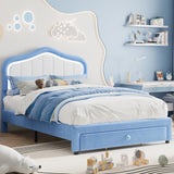 Garvee Upholstered Twin XL Bed Frame with LED Lights and Storage Drawer for Kids, Blue, Noise-Free Wooden Slats, No Box Spring Needed
