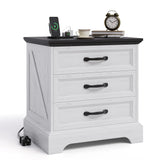 Garvee Modern Farmhouse Wood Nightstand with Charging Station & 3 Large Drawers, 24 Inch Wide, White, Rustic Bedside Table for Bedroom Living Room