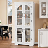 Garvee 70" Tall Kitchen Pantry Cabinet With 4 Arched Glass Doors, Adjustable Shelves, White, 31.5"W×15.6"D×70.1"H - White
